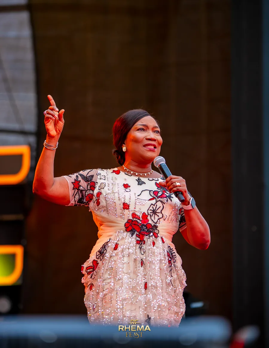 Bishop Funke Felix-Adejumo with a finger raised, making a point