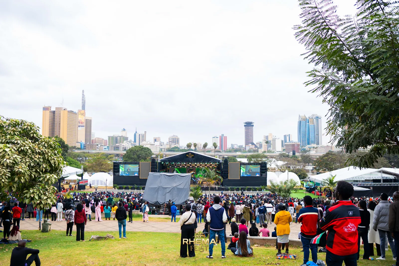 The Rhema Feast 2026 stage at Uhuru Park, the Nairobi skyline behind it