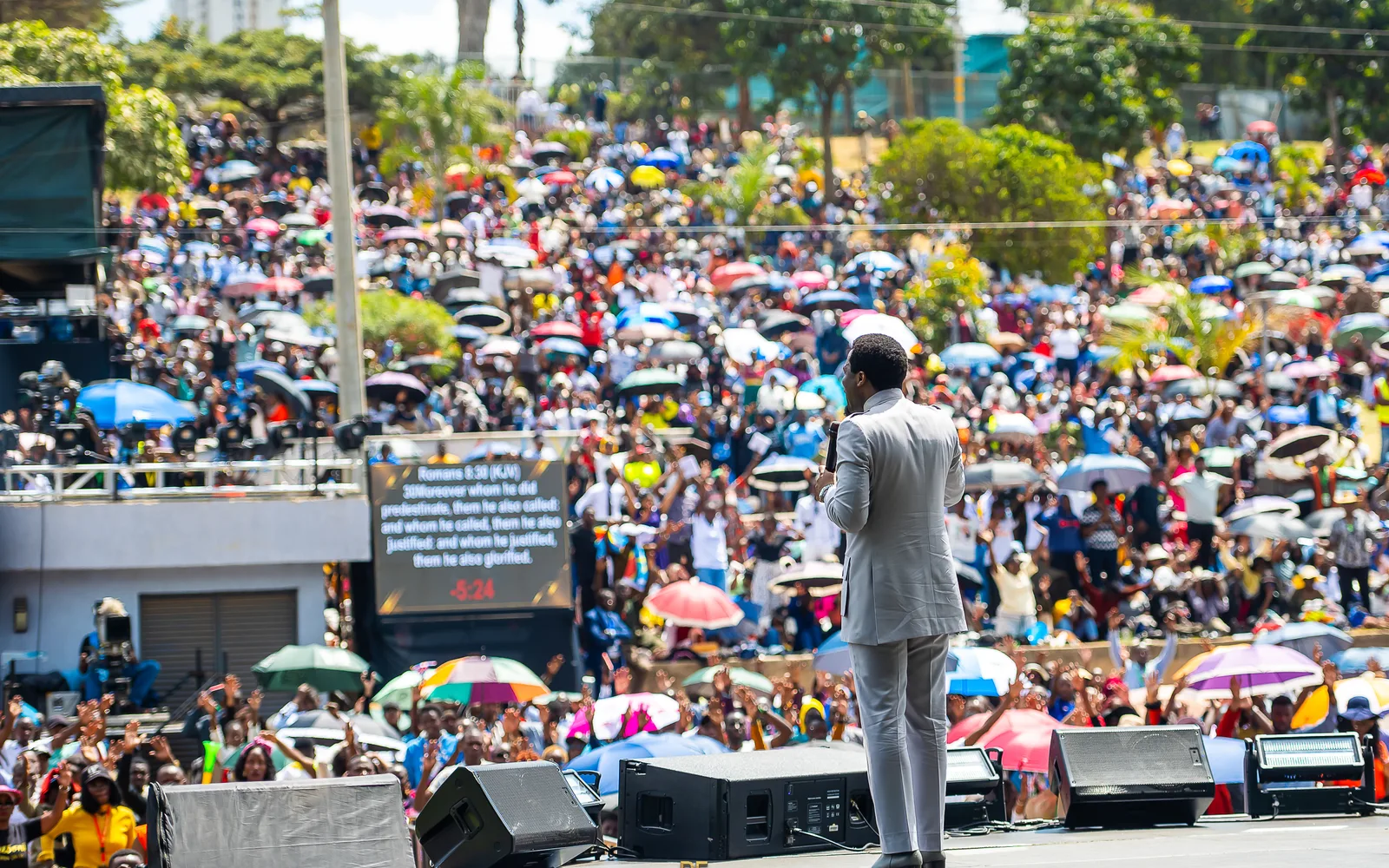 Apostle Michael Orokpo preaching to the crowd filling Uhuru Park