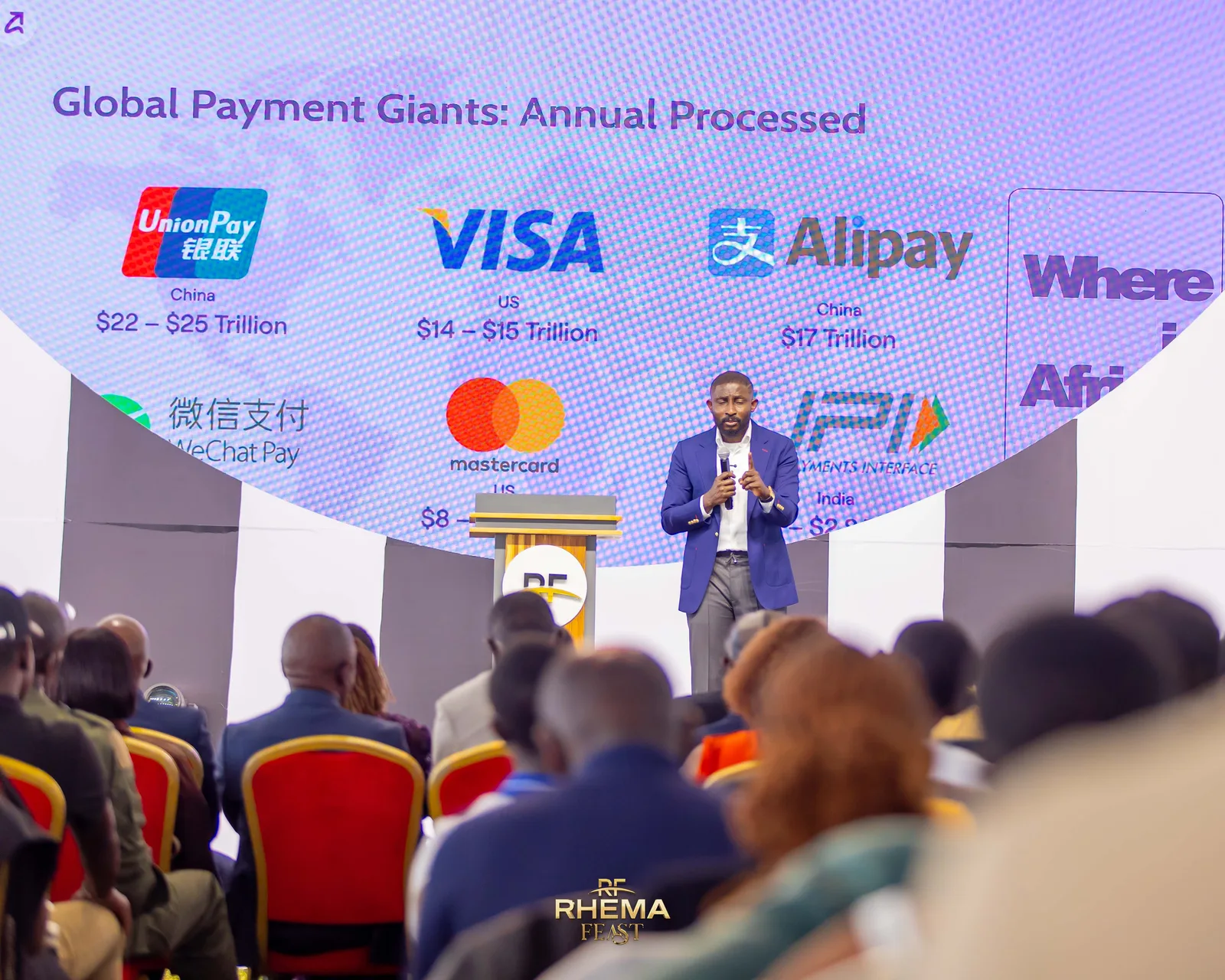 Seyi Ebenezer presenting a slide comparing the annual volumes of global payment giants